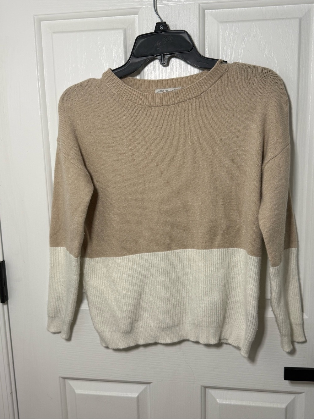 Poof! Two-Tone Crewneck Sweater in Beige and White